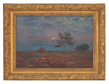 Leo Gausson (French, 1860-1944), "Field with Haystacks by Moonlight," H.- 12 in., W.- 17 1/2 in.,