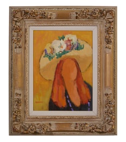 Jacob Manguno (American, 1925-2017), "Red Head with Floral Hat in Orange," H.- 16 1/2 in., W.- 12