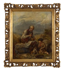 British School (19th Century), "Old Man with Young Boy and Dog," H.- 12 in., W.- 9 3/8 in., Framed-