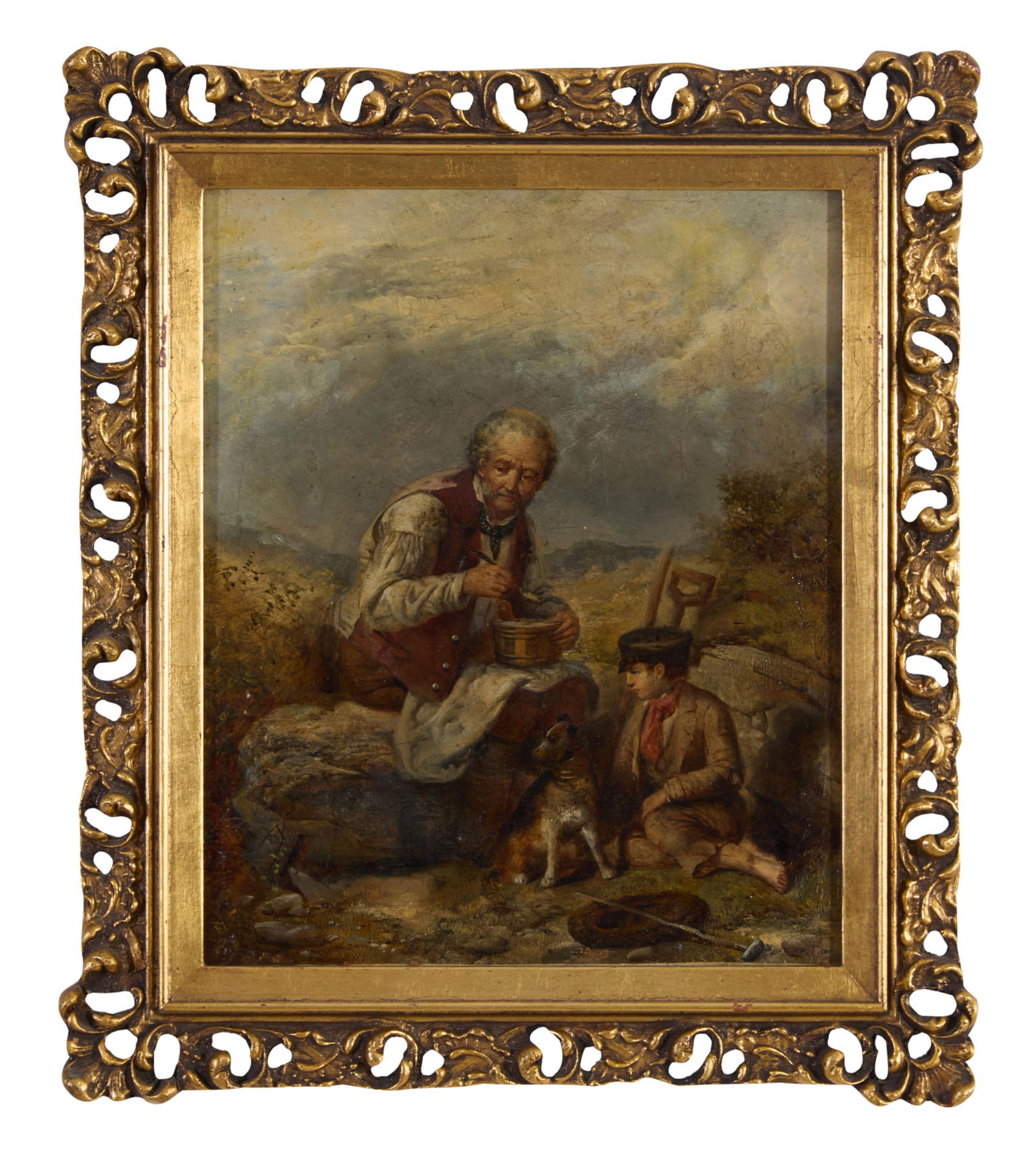 British School (19th Century), "Old Man with Young Boy and Dog," H.- 12 in., W.- 9 3/8 in., Framed- (1 of 3)