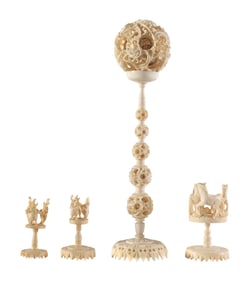 Group of Five Asian Carved Items, Ball- Dia.- 2 7/8 in.; Stand- H.- 9 7/8 in. (5 Pcs.)