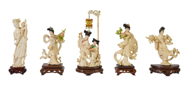 Five Chinese Polychromed Female Figures, 20th c., Lantern- H.- 9 3/4 in., W.- 4 1/4 in., D.- 3 1/4