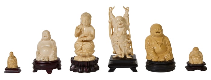 Group of Six Carved Buddha Figures, 20th c., Snake- H.- 5 3/4 in., W.- 2 5/8 in., D.- 2 1/4 in. (6