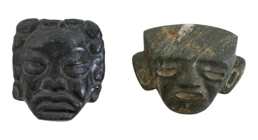 Two Pre-Colombian Aztec Carved Stone Faces, H.- 2 7/8 in., W.- 2 1/2 in., D.- 7/8 in. and H.- 2 1/2
