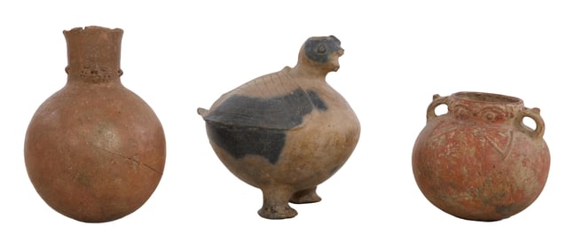 Three Pieces of Pre-Colombian Pottery, Chicken- H.- 11 1/4 in., W.- 9 1/2 in., D.- 11 1/2 in. (3