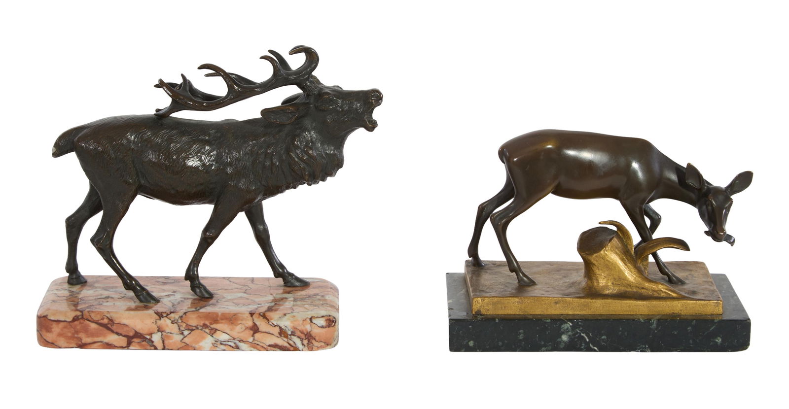 Two Patinated Bronze Figures, early 20th c., Elk- H.- 7 in., W.- 6 7/8 in., D.- 3 1/8 in.; Doe- H.- (1 of 3)