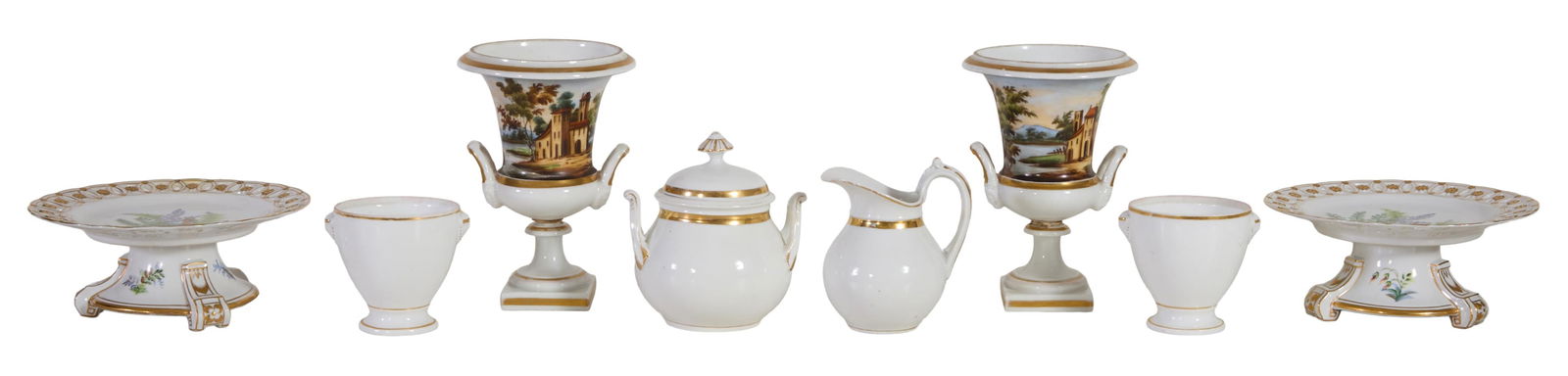 Group of Eight Pieces of Old Paris Porcelain, 19th c., Urns- H.- 9 1/4 in., Dia.- 6 1/8 in.; (1 of 5)