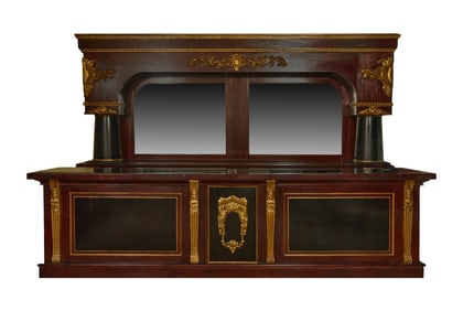 Massive Brunswick Style Mahogany Fourteen Foot Bar, 20th c., Back Bar- H.- 115 in., W.- 168 in., D.-