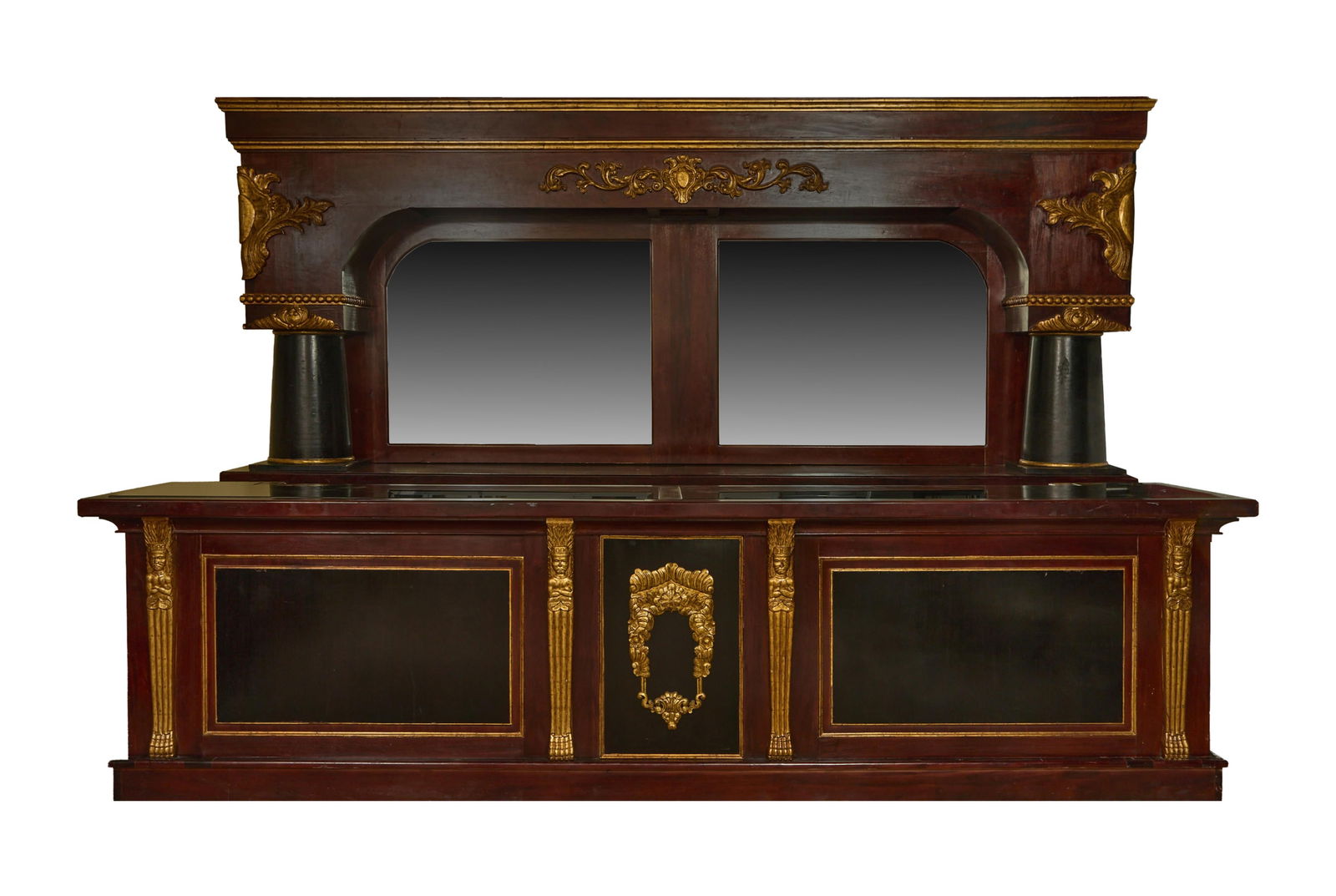 Massive Brunswick Style Mahogany Fourteen Foot Bar, 20th c., Back Bar- H.- 115 in., W.- 168 in., D.-: Massive Brunswick Style Mahogany Fourteen Foot Bar, 20th c., the back bar with steeped gilt cornice over scroll decorated frieze with cartouche corners, beaded trim, robust reverse tapered columns,