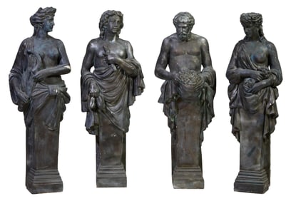 Four Patinated Plaster Garden Figures of the Four Seasons, 20th c., Each- H.- 72 in., W.- 26 in.,