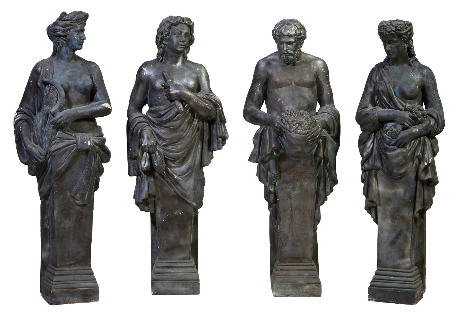 Four Patinated Plaster Garden Figures of the Four Seasons, 20th c., Each- H.- 72 in., W.- 26 in.,: Four Patinated Plaster Garden Figures of the Four Seasons, 20th c., three female caryatid forms, one male atlas form, Each- H.- 72 in., W.- 26 in., D.- 18 in. (4 Pcs.) Provenance: The Estate of Joseph
