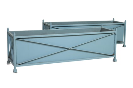 Pair of Large Polychromed Iron Rectangular Planters, 20th c., Each- H.- 22 1/2 in., W.- 66 in., D.-