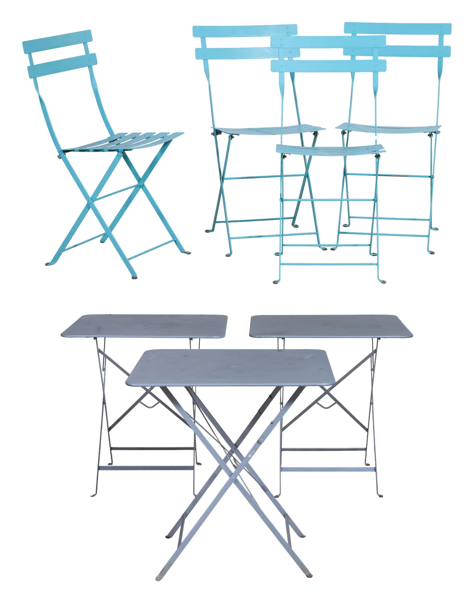 Seven French Fermob Polychromed Metal Bistro Pieces, 20th c., Chairs- H.- 32 in., W.- 15 in., D.- 16: Seven French Fermob Polychromed Metal Bistro Pieces, 20th c., including four haute blue folding chairs and three gris folding metal umbrella tables, Chairs- H.- 32 in., W.- 15 in., D.- 16 in.; Table-