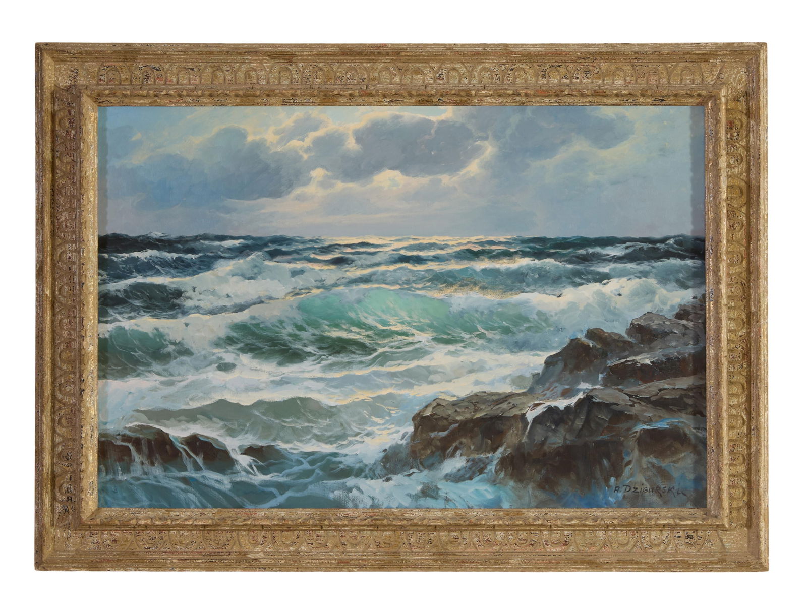Alexander Dzigurski (Slovakian/California, 1911-1995), "Crashing Waves," H.- 24 in., W.- 36 in.,: Alexander Dzigurski (Slovakian/California, 1911-1995), "Crashing Waves," oil on canvas, signed lower right, with a copyright stamp en verso, presented in a polychromed frame, H.- 24 in., W.- 36 in., F