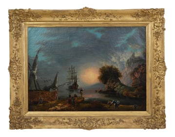 Manner of Claude Joseph Vernet (French, 1714-1789), "Moonlit Harbor with Merchant Ships," 18th/19th
