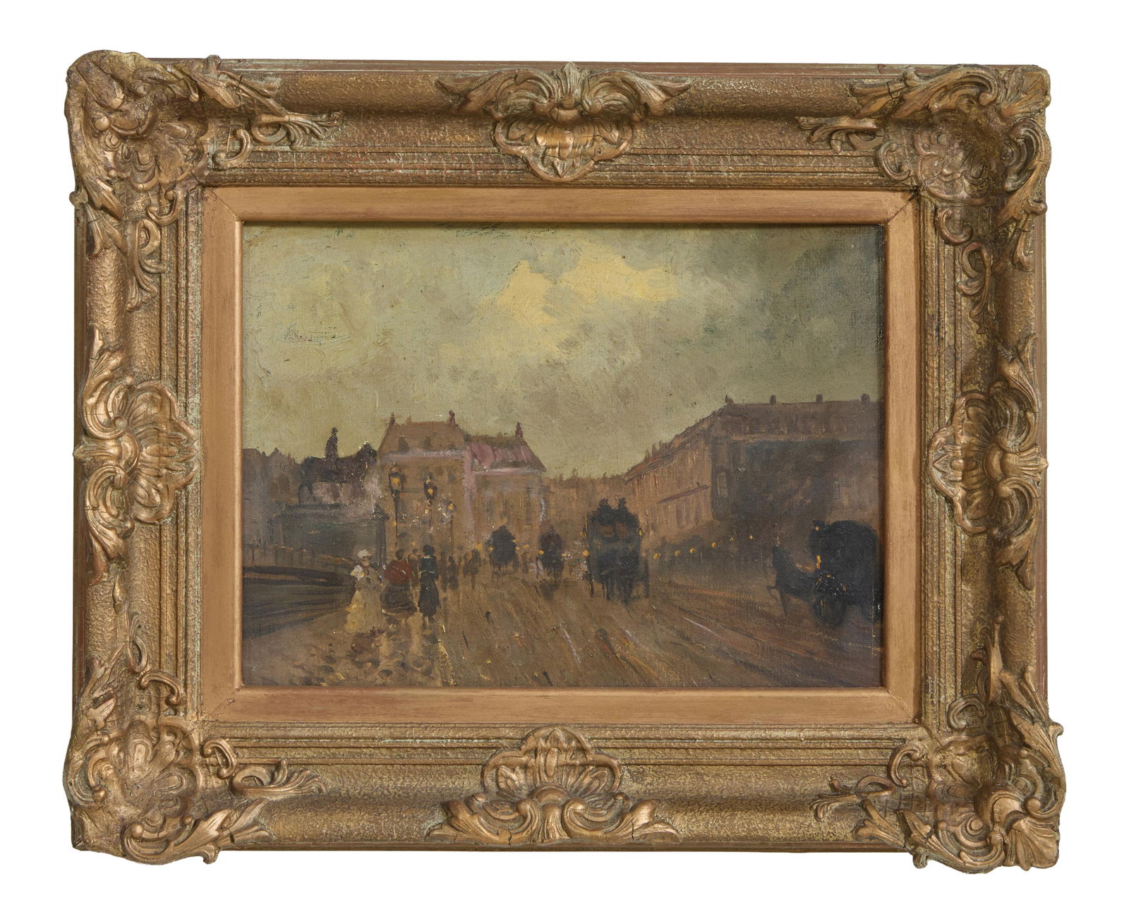 Giuseppe de Nittis (Italian/France, 1846- 1884), "Pont Neuf at Twilight," H.- 11 1/4: Giuseppe de Nittis (Italian/France, 1846- 1884), "Pont Neuf at Twilight," oil on board, signed lower right, "F.S. Lankhoorn, Amsterdam" label en verso, presented in a giltwood frame, H.- 11 1/4 in., W