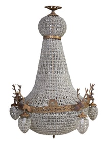 Large Crystal Iron and Brass Double Globe Basket Chandelier, 21st c., H.- 42 in., Dia.- 31 in.