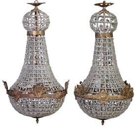 Pair of Diminutive Crystal and Iron Basket Chandeliers, 21st c., Each- H.- 24 in., Dia.- 12 in. (2