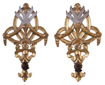 Pair of Italian Style Creme Peinte Giltwood Single Sconces, 20th c., Each- H.- 21 1/2 in., W.- 13