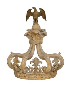 Gilt Metal Eagle Mounted Bed Corona, 20th c., H.- 23 in., W.- 19 in., D.- 8 1/2 in.
