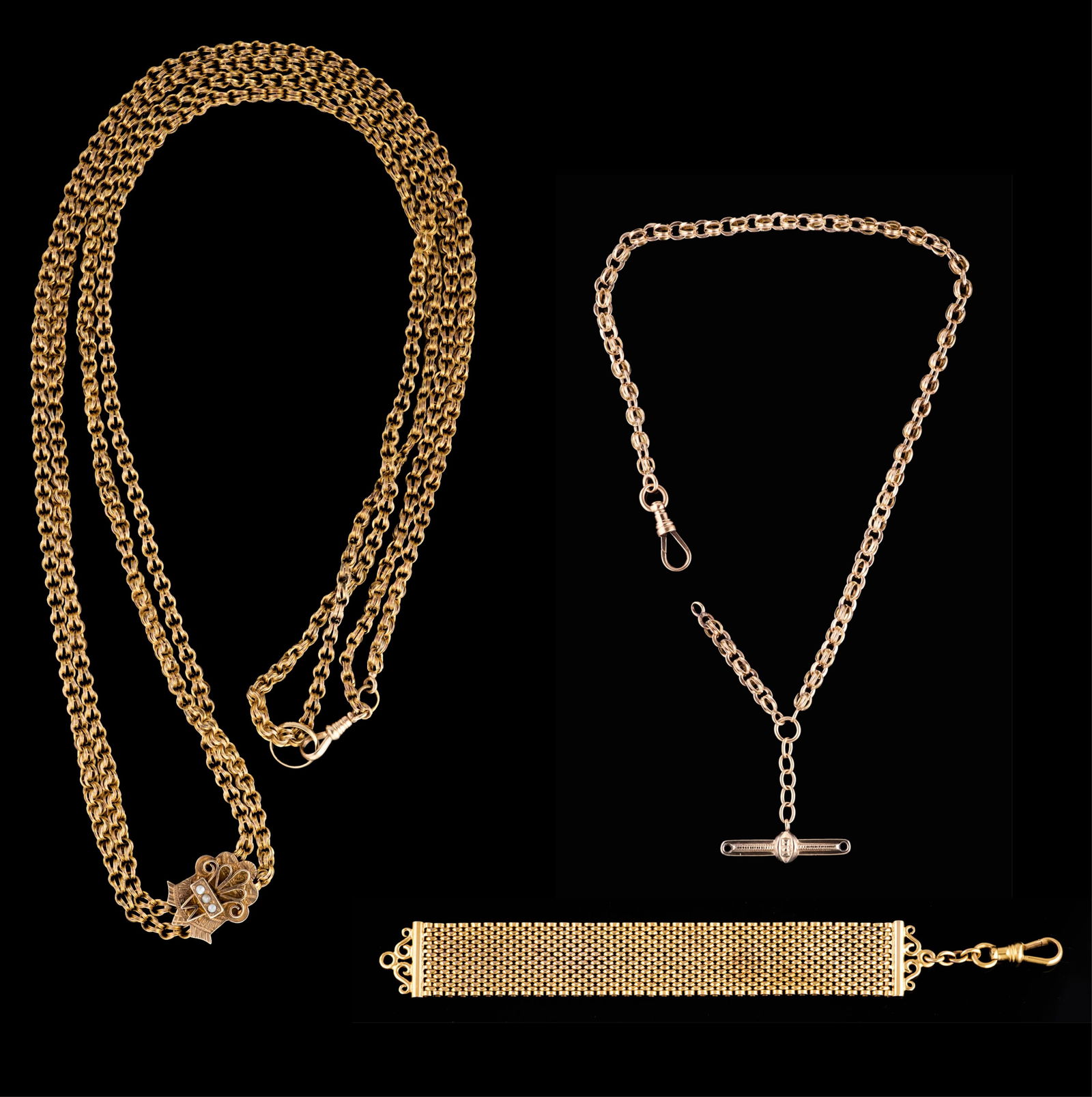 Three 10K Yellow Gold Watch Chains, App. Total Wt.- 79.5 grams; Longest- L.- 32 in. (1 of 9)