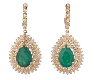 Pair of 14K Yellow Gold Emerald and Diamond Pendant Earrings, Total Diamond Wt.- 4.01 carats, Total