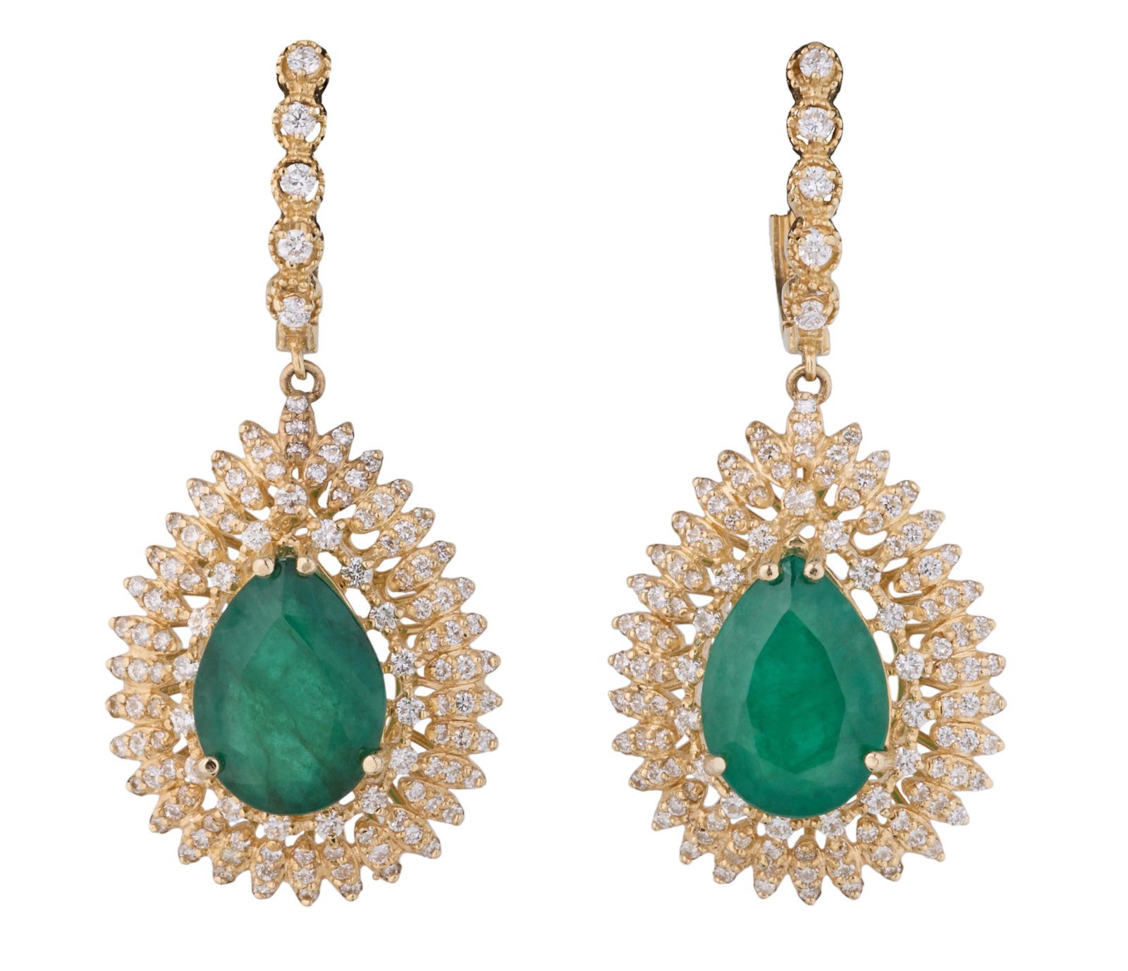 Pair of 14K Yellow Gold Emerald and Diamond Pendant Earrings, Total Diamond Wt.- 4.01 carats, Total (1 of 2)