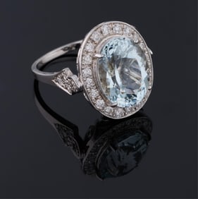 14K White Gold Aquamarine and Diamond Ring, Total Diamond Wt.- 1.65 carats, Size- 7 1/4, with AIGL