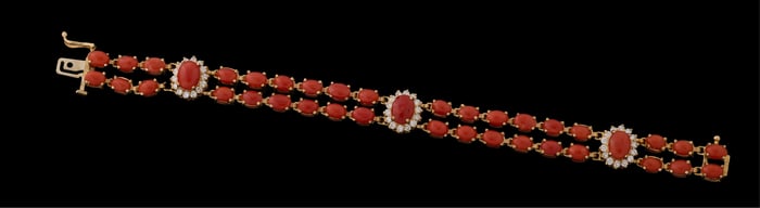 14K Yellow Gold Coral and Diamond Link Bracelet, Total Diamond Wt.- 1.20 carats, Total Coral Wt.-