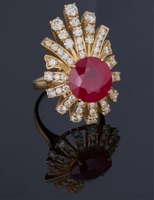 Ladies' 14K Yellow Gold Ruby and Diamond Dinner Ring, Total Diamond Wt.- 2.60 carats, Size- 7, with