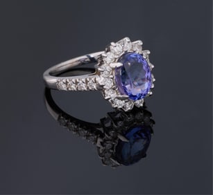 Ladies' 18K White Gold Tanzanite and Diamond Dinner Ring, Total Diamond Wt.- 0.80 carats, Size- 6