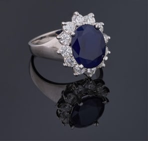 Ladies' 14K White Gold Sapphire and Diamond Dinner Ring, Total Diamond Wt.- 1.00 carat, Size- 7,