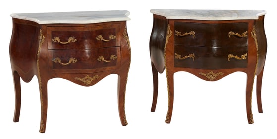 Near Pair of Petite Louis XV Style Marble Top Bombe Commodes, 21st c., Each- H.- 29 in., W.- 32 1/4