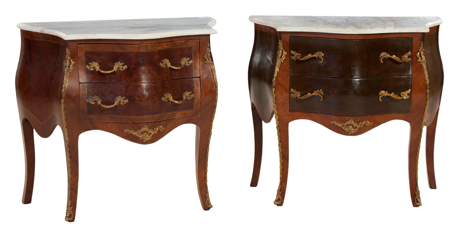 Near Pair of Petite Louis XV Style Marble Top Bombe Commodes, 21st c., Each- H.- 29 in., W.- 32 1/4 (1 of 3)