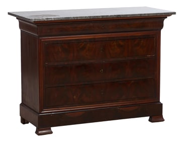 French Louis Philippe Marble Top Walnut Commode, mid 19th c., H.- 37 in., W.- 49 1/2 in., D.- 21 in.
