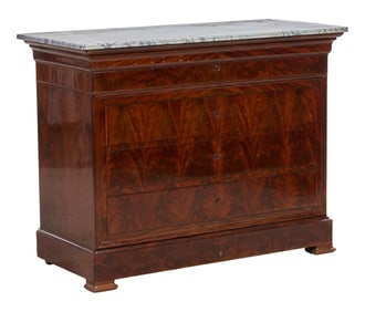 French Louis Philippe Marble Top Commode, mid 19th c., H.- 38 3/4 in., W.- 50 1/2 in., D.- 23 in.