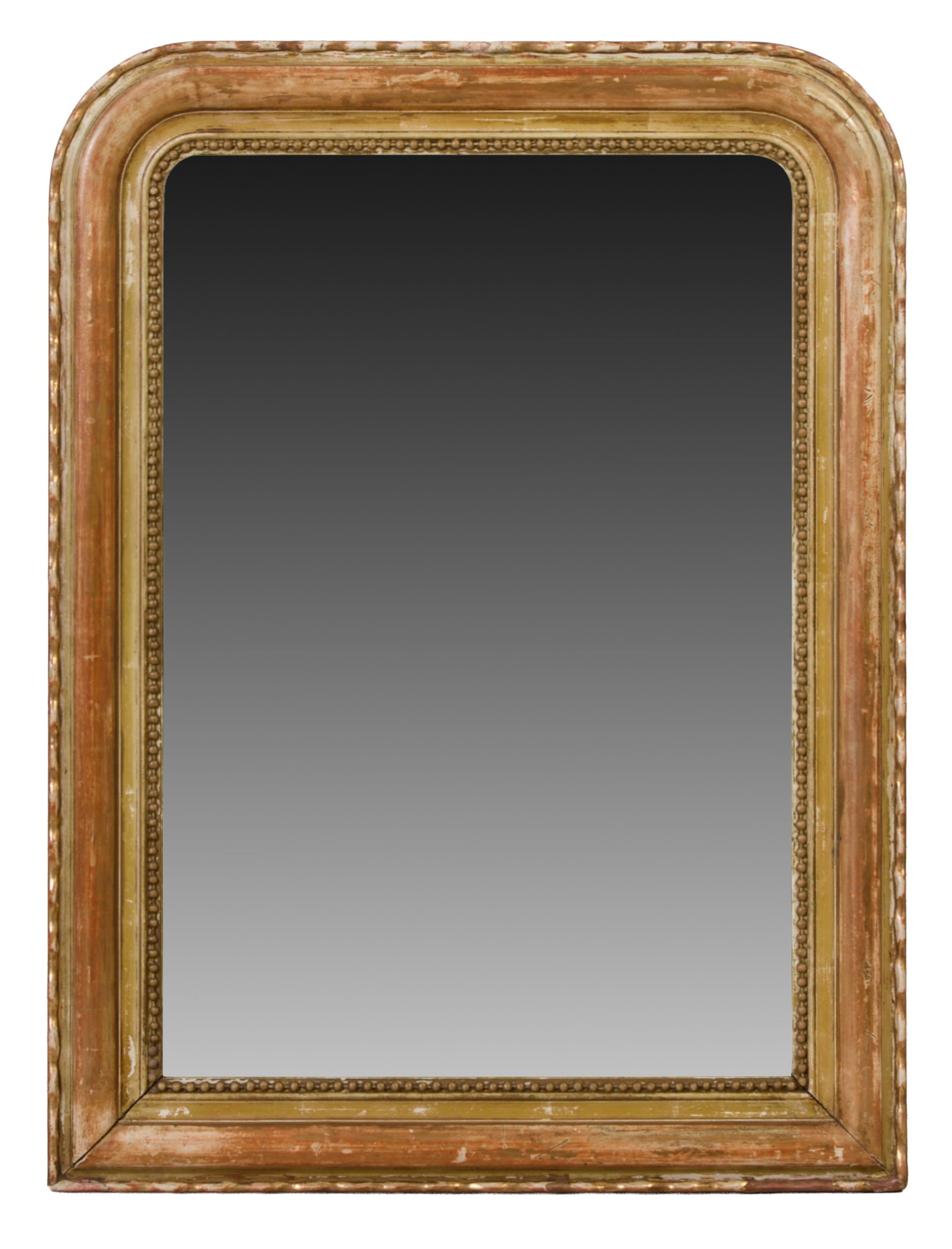 French Louis Phillip Style Giltwood Overmantel Mirror, mid 19th c., H.- 38 in., W.- 28 in.: French Louis Phillip Style Giltwood Overmantel Mirror, mid 19th c., the bolection surround with rounded corners, wavy outer molding, beaded inner liner, aged mirror plate, H.- 38 in., W.- 28 in. Prove