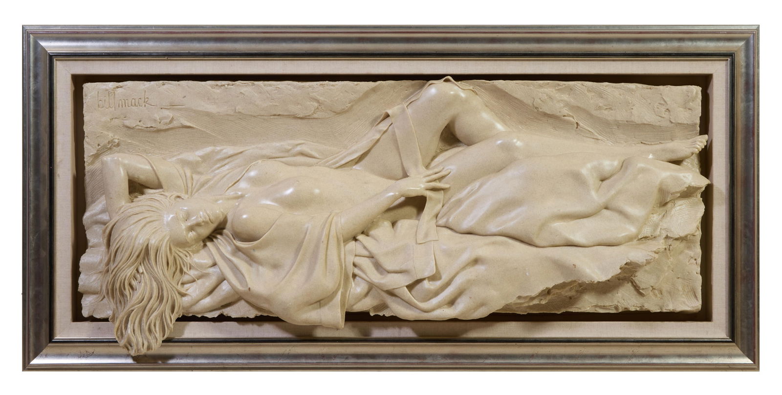 Bill Mack (American/Minnesota, b. 1949), "Affection," 1996, Overall- H.- 39 in., W.- 82 in., W.- 9: Bill Mack (American/Minnesota, b. 1949), "Affection," 1996, bonded natural sand wall relief on wood panel, signed upper left, presented in a silvered wood frame with a linen border, Overall- H.- 39 in