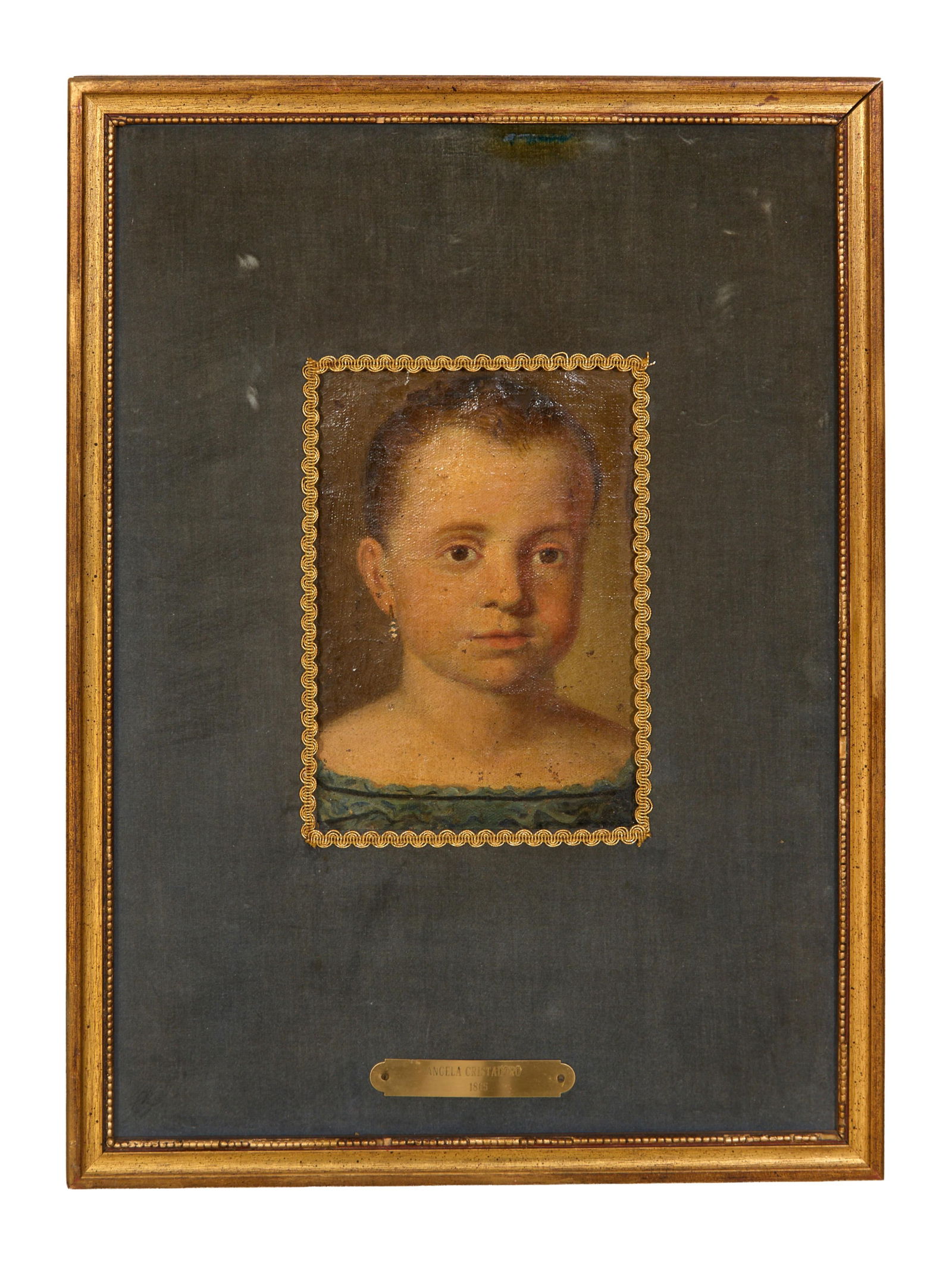 Louisiana School (19th Century), "Portrait of Angela Cristadoro," 1865, Sight- H.- 8 in., W.- 5 3/4: Louisiana School (19th Century), "Portrait of Angela Cristadoro," 1865, oil on canvas on board, unsigned, sitter identified and dated on brass artist plaque, presented a gilt wood frame with a velvet