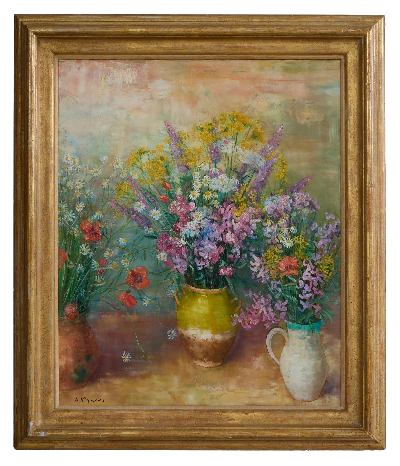 Andre Vignoles (French, 1920-2017), "Still Life with Sweet Pea Flowers," H.- 24 1/4 in., W.- 19 3/4: Andre Vignoles (French, 1920-2017), "Still Life with Sweet Pea Flowers," oil on canvas, signed lower left, titled in French "Pois de Senteurs" on David B. Findlay Galleries label on frame backing, pre