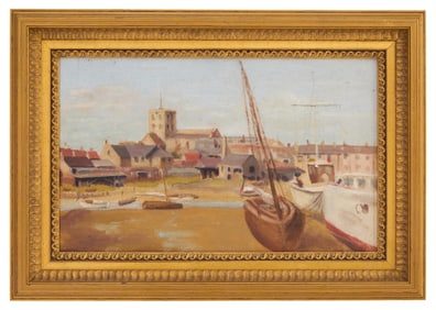 French School (Early 20th Century), "Boats Outside a Village," H.- 9 3/8 in., W.- 15 1/4 in.,