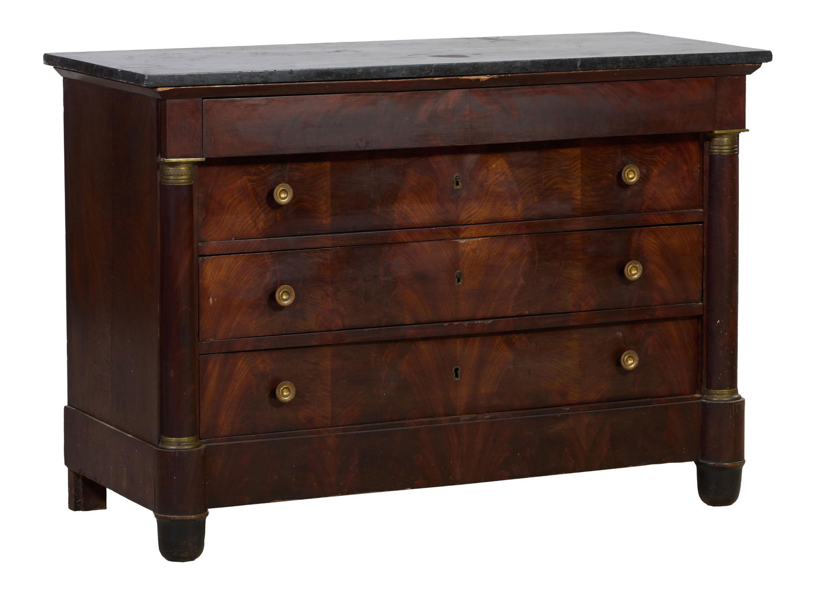 French Empire Marble Top Walnut Commode, early 19th c., H.- 35 1/2 in., W.- 50 1/4 in., D.- 22 in. (1 of 2)
