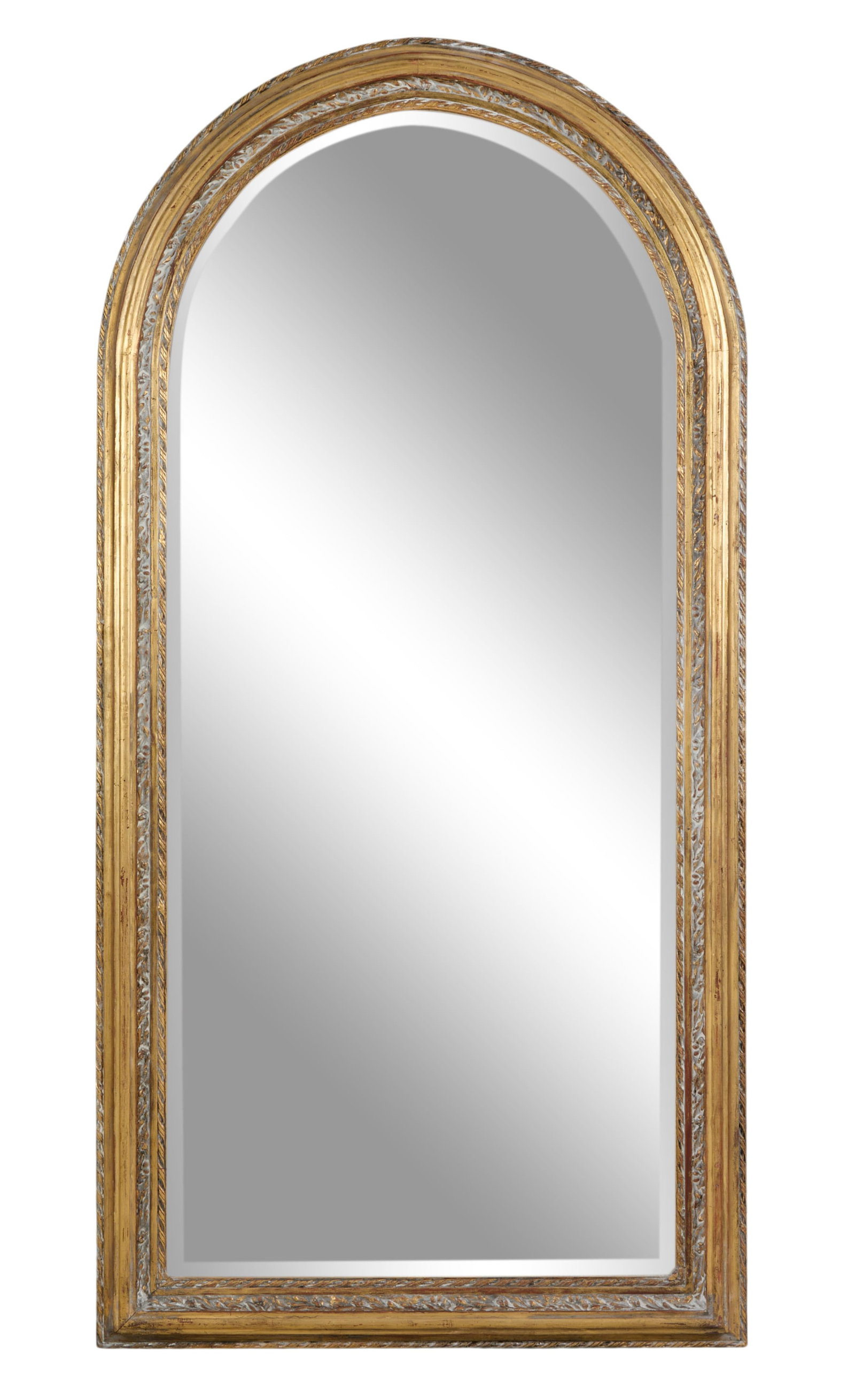 Louis Philippe Inspired Overmantel Mirror, 21st c., H.- 77 in., W.- 38 in.: Louis Philippe Inspired Overmantel Mirror, 21st c., the arched top, ribbon inner and outer liner, foliate liner, beveled mirror plate, H.- 77 in., W.- 38 in.