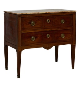 French Louis XVI Style Marble Top Inlaid Walnut Commode, 19th c., H.- 27 in., W.- 40 1/2 in., D.- 20