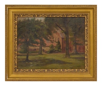 Eugene Delmotte (French/Belgian, 19th/20th Century), "Landscape with a Church and Trees," H.- 10 1/4