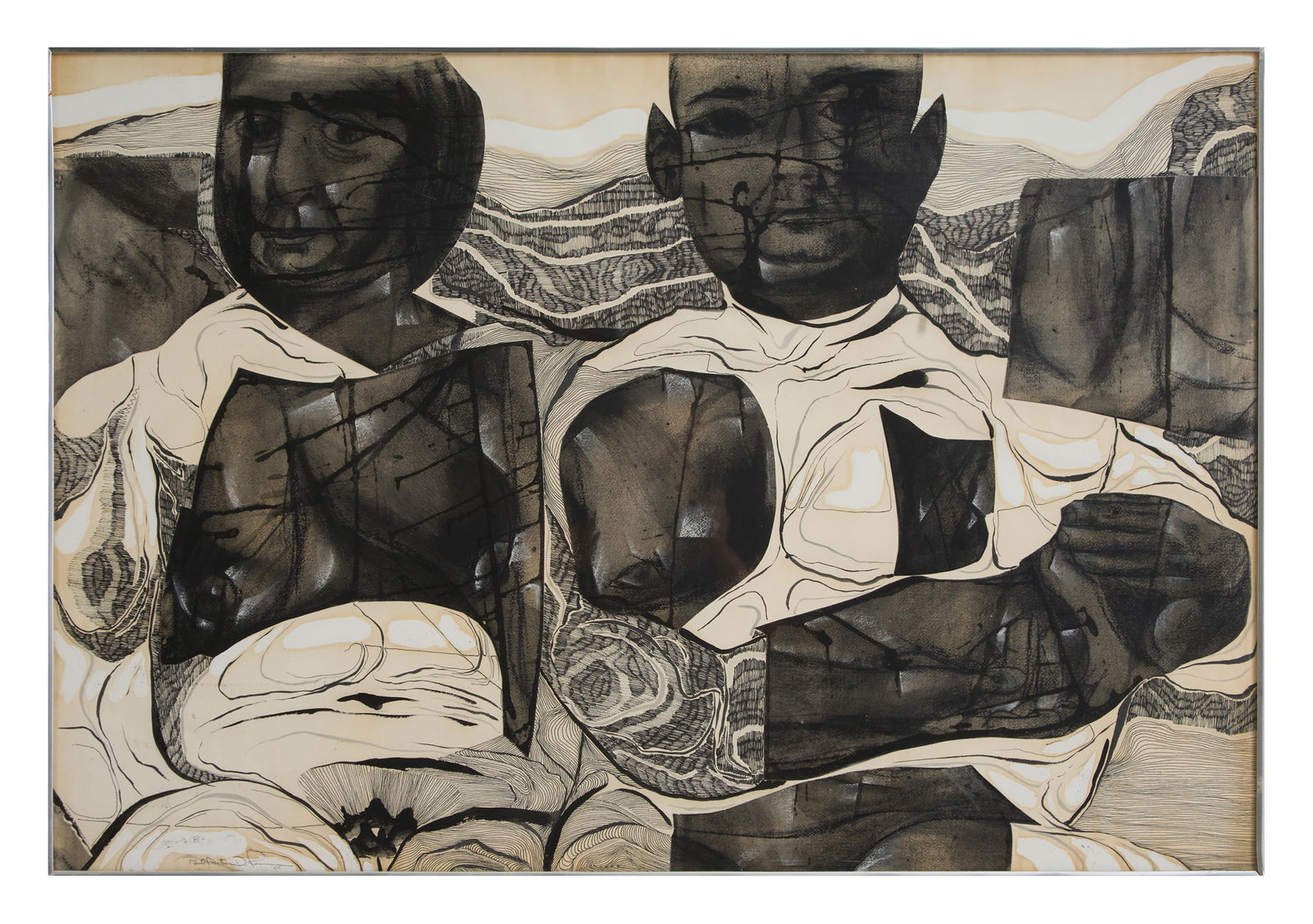 Paul Arthur Dufour (American/Louisiana/New Hampshire, b. 1922), "The Couple," 1965, Sight- H.- 27: Paul Arthur Dufour (American/Louisiana/New Hampshire, b. 1922), "The Couple," 1965, mixed media collage on paper, signed and dated '65 on bottom, presented in a silvered metal frame, Sight- H.- 27 in.