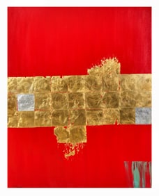 Allen Melton (American/Mississippi, b. 1964), "Red Abstract with Gold and Silver Leaf," H.- 60 in.,