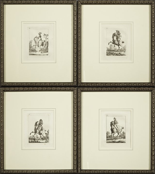 Continental School, Set of Four Black and White Prints: Continental School, Set of Four Black and White Prints of Horses and Riders, 19th c., presented in matching frames, Each- H.- 5 1/2 in., W.- 4 3/8 in.