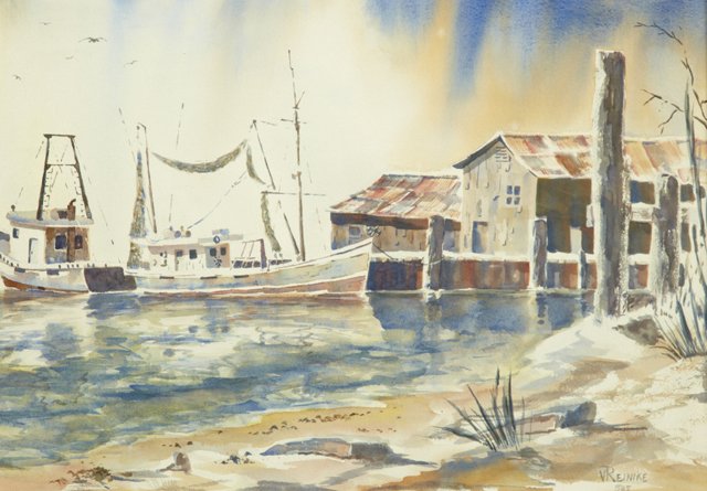 Vera Reinike (Louisiana), "Shrimp Boats," 1985, waterco: Vera Reinike (Louisiana), "Shrimp Boats," 1985, watercolor, signed and dated l.r., presented in a cypress frame, H.- 14 in., W.- 20 in.