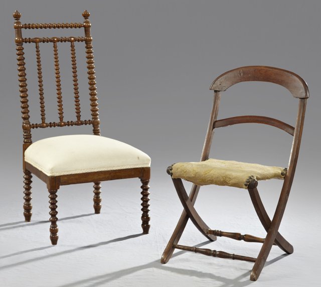 Two Childrens' Chairs, 19th c., one a faux bois folding: Two Children's' Chairs, 19th c., one a faux bois folding chair with a needlepoint seat; the second with a bobbin turned spindled back to an upholstered seat, on bobbin turned legs, Spindle Back- H.- 2